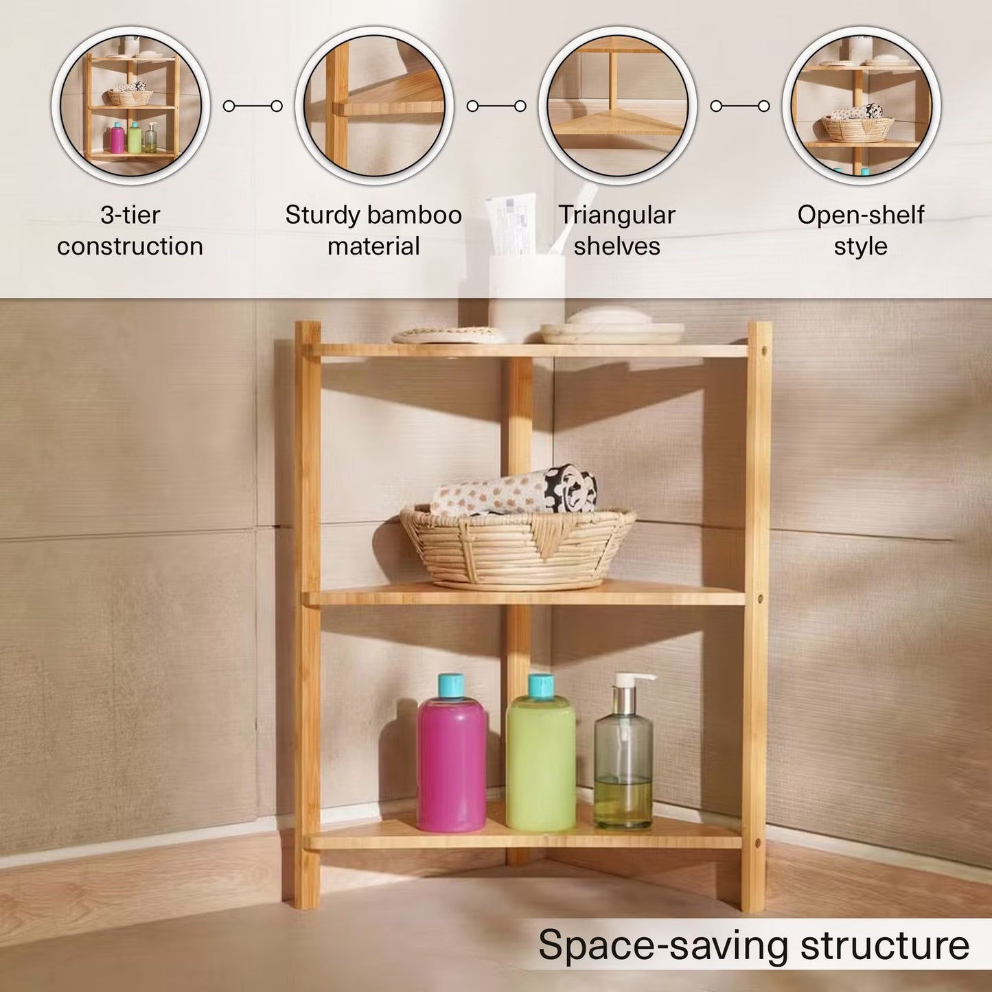 Bamboo 3-Tier Corner Shelf Unit, 34x34x60cm