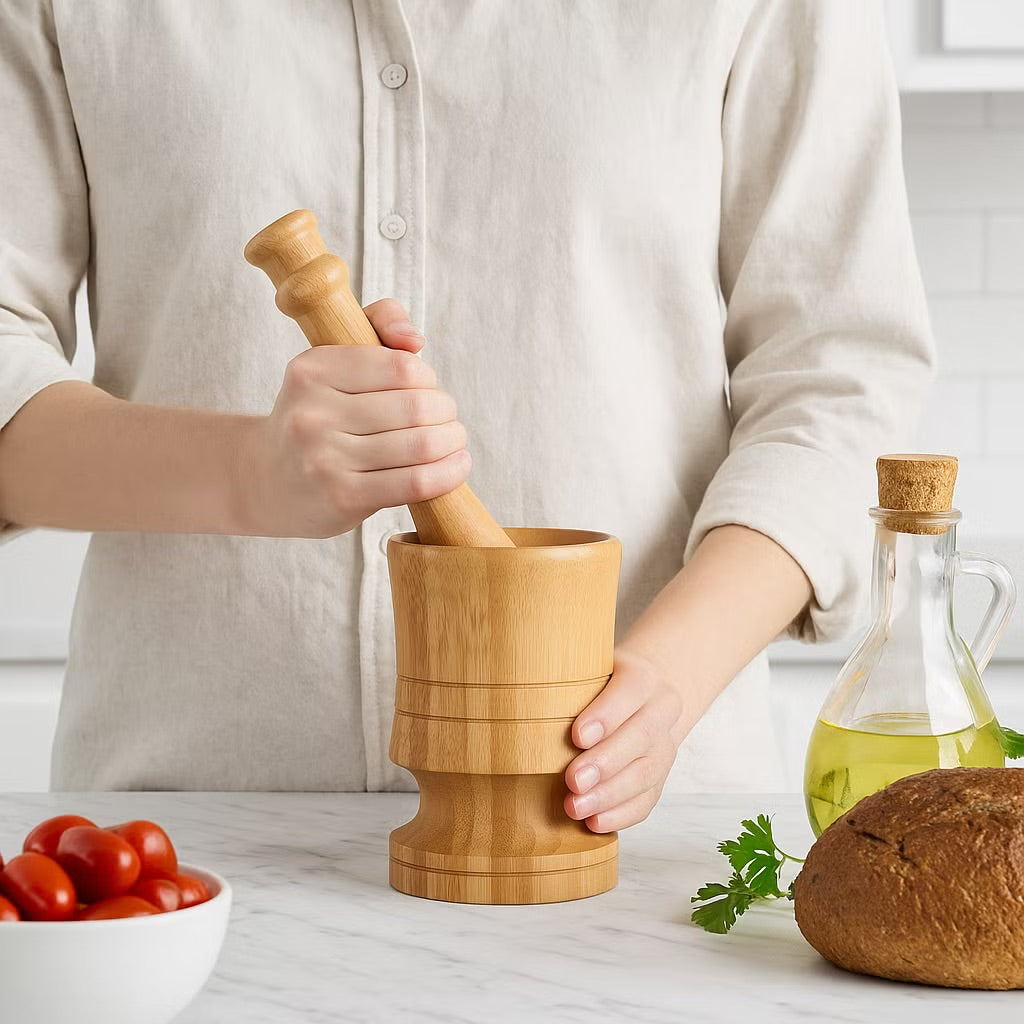 Bamboo Mortar & Pestle, 8x12cm