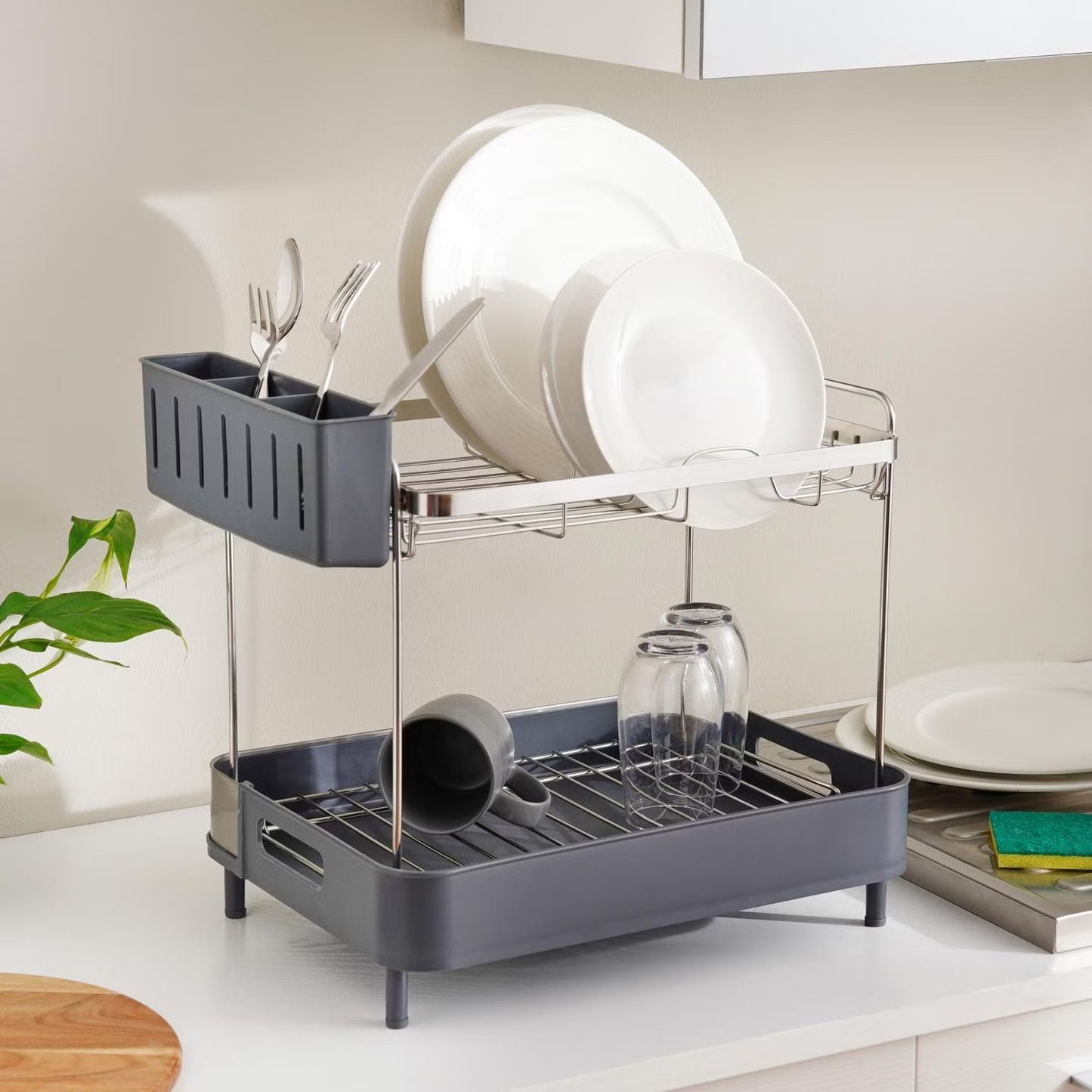 2-Tier Stainless Steel Dish Rack – 47x32x39cm (Silver)