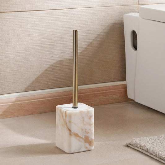 Beige Marble Toilet Brush Holder with Brush, 9.5x9.5x13cm