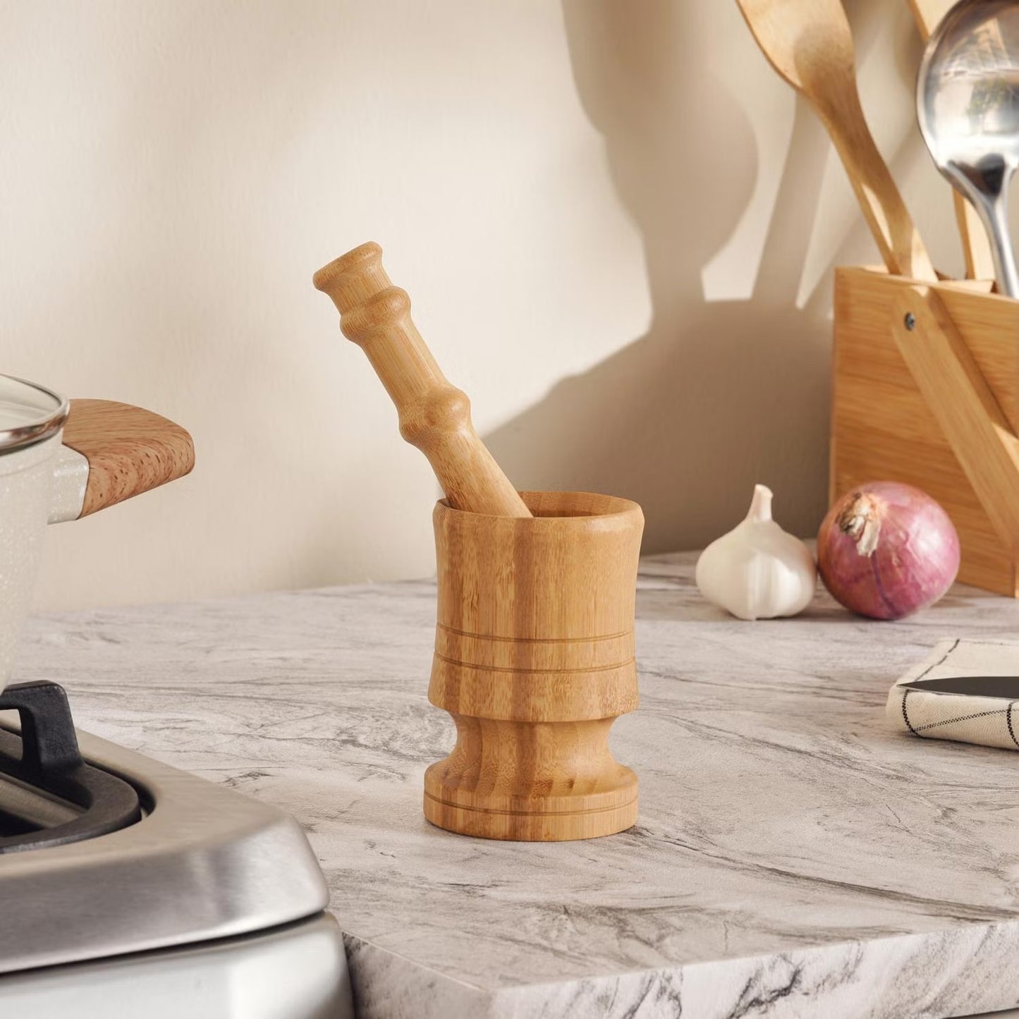 Bamboo Mortar & Pestle, 8x12cm
