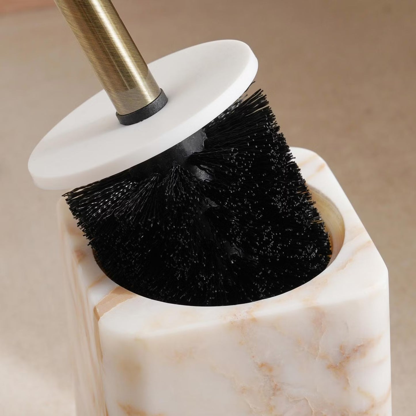 Beige Marble Toilet Brush Holder with Brush, 9.5x9.5x13cm