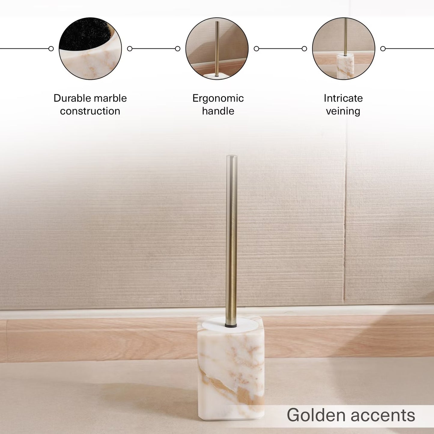 Beige Marble Toilet Brush Holder with Brush, 9.5x9.5x13cm