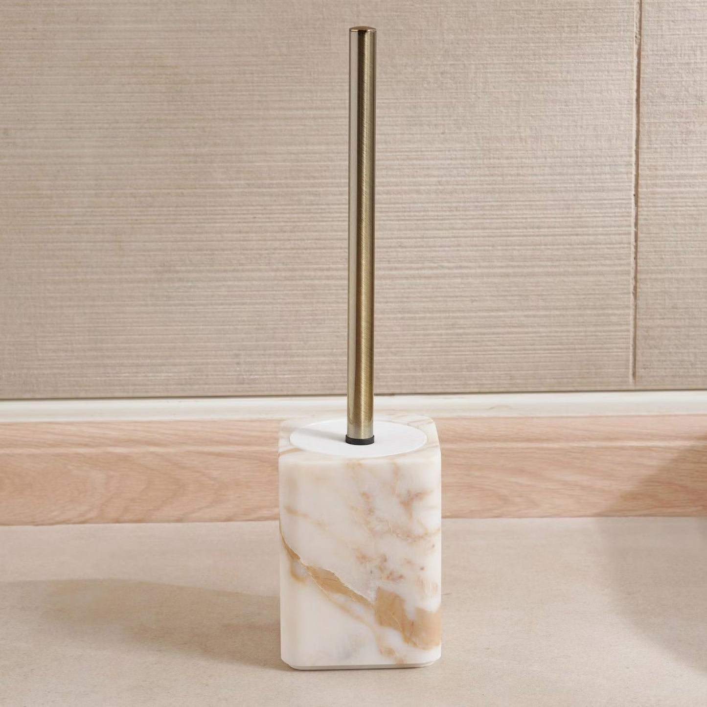 Beige Marble Toilet Brush Holder with Brush, 9.5x9.5x13cm