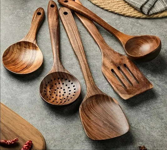 Wooden Kitchen Utensil Set with Heat-Resistant Teak and Non-Stick Safe Design