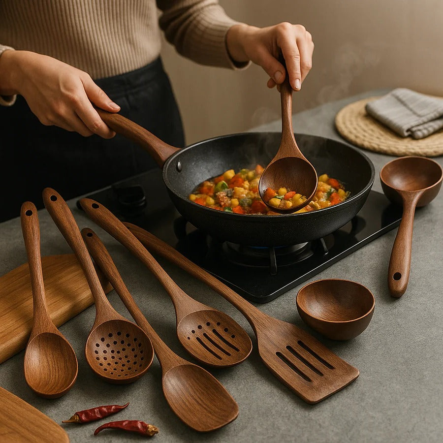 Wooden Kitchen Utensil Set with Heat-Resistant Teak and Non-Stick Safe Design