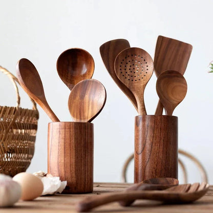 Wooden Kitchen Utensil Set with Heat-Resistant Teak and Non-Stick Safe Design