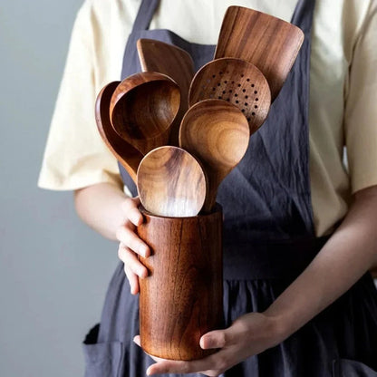 Wooden Kitchen Utensil Set with Heat-Resistant Teak and Non-Stick Safe Design
