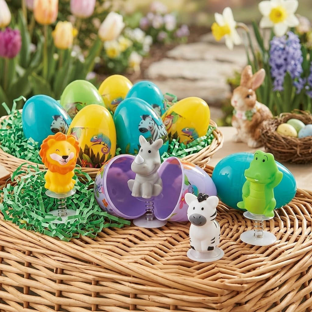 Pop-Up Zoo Animal Toys in Colorful Easter Eggs, 12-Piece Set