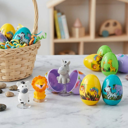 Pop-Up Zoo Animal Toys in Colorful Easter Eggs, 12-Piece Set
